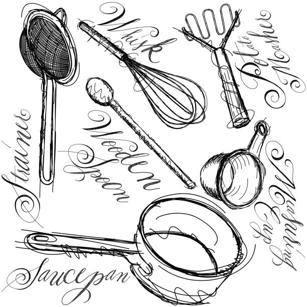 cooking utensils Sketchy, hand drawn kitchen utensils with calligraphy. The items included are a potato masher, wooden spoon, saucepan, strainer, whisk, and measuring cup. clip art of a potato masher stock illustrations