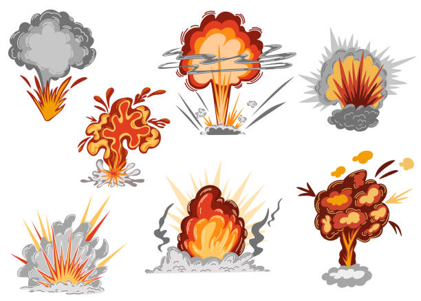 0126_explosions_set Explosions collection. An explosion from a bomb, an atomic or nuclear explosion. The concept of destruction, war and weapons. Hand drawn vector illustration isolated on the white background. nuclear energy stock illustrations