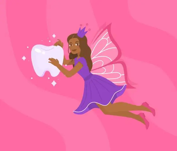 Vector illustration of Cute Black tooth fairy holding baby tooth.