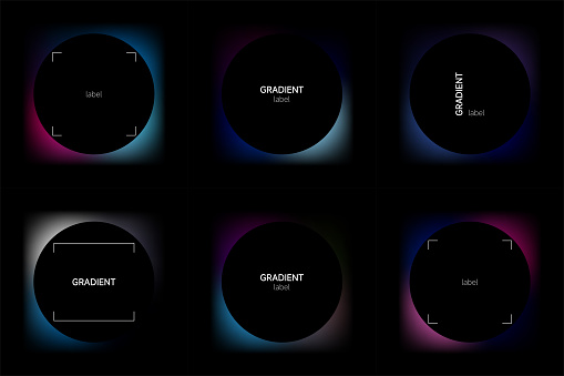 Vector set of circle banner with fluid vivid gradient isolated on black background. Colorful bright neon template.