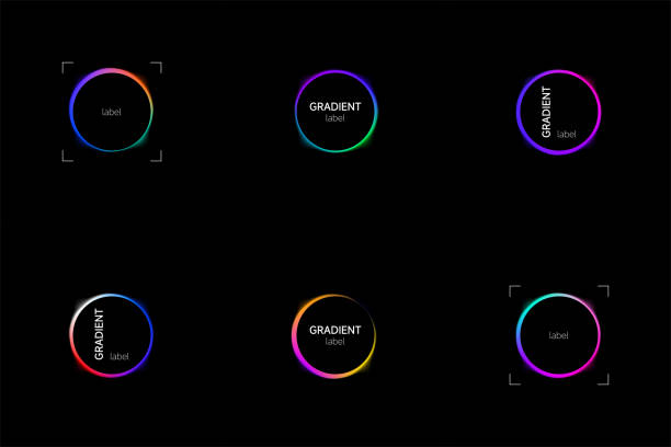 illustrations, cliparts, dessins animés et icônes de ensemble vectoriel de bannière circulaire avec dégradé vif fluide isolé sur fond noir. modèle de néon lumineux coloré. - 16711