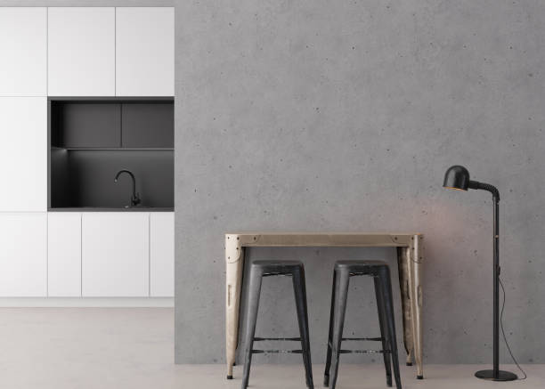 istock Interior mock up, loft style. Empty wall in modern room. Copy space for your artwork, picture, poster. Industrial style interior design. Apartment or hotel room. 3D rendering. 1468198597