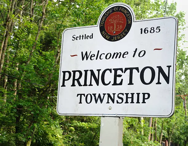 Sign of "Welcome to Princeton" from township, settled since Year 1685.
