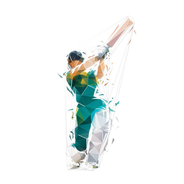 illustrazioni stock, clip art, cartoni animati e icone di tendenza di giocatore di cricket, illustrazione vettoriale poligonale bassa isolata, giocatore di cricket, battitore sorprendente, disegno geometrico da triangoli - battitore del cricket