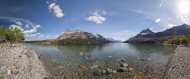 Panoramic stitched pictures of Waterton Lake in Waterton Lakes National Park at Sunset, Alberta, Canada