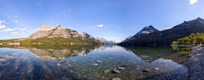 Panoramic stitched pictures of Waterton Lake in Waterton Lakes National Park at Sunset, Alberta, Canada