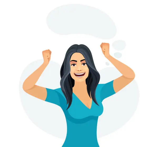 Vector illustration of Cheerful woman showing muscles and smiling.