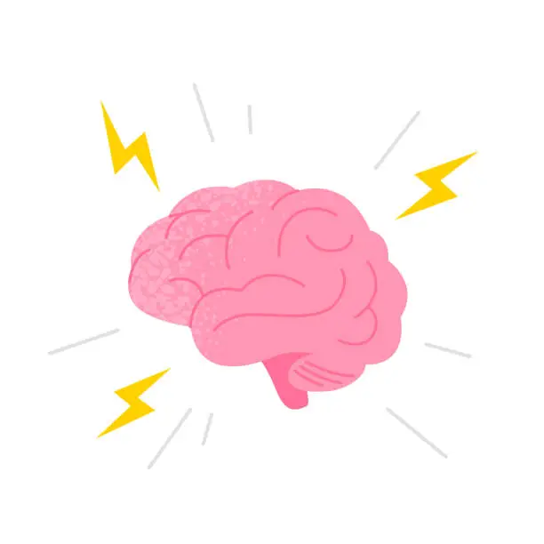 Vector illustration of Human brain illustration. Brain with flashes of lightning and rays. Finding an idea or solving a problem. Vector flat illustration isolated on the white background.