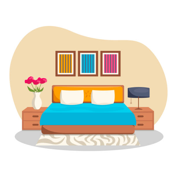 Bedroom interior. Bedroom interior. Vector, no background. Bed, bedside tables, paintings, vase of flowers, carpet, lamp. rent room stock illustrations