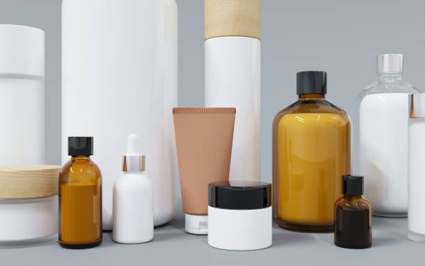 Group of different cosmetic bottles and jars 3D render stock photo
