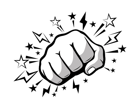 Punch fist on comic style. Cartoon powerful fist hit. Vector on transparent background