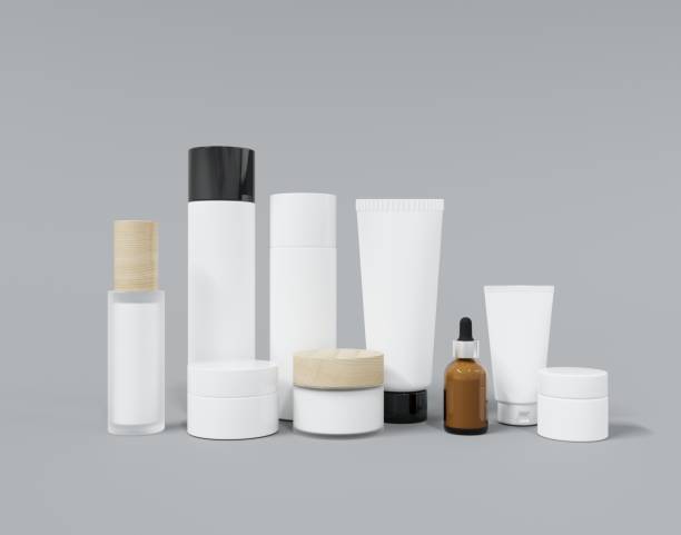 Group of different cosmetic bottles and jars 3D render stock photo