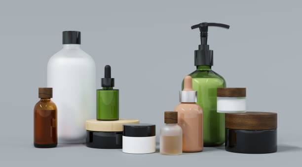 Skincare and beauty products on gray studio background 3D render stock photo