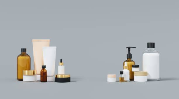 Skincare and beauty products on gray studio background 3D render stock photo