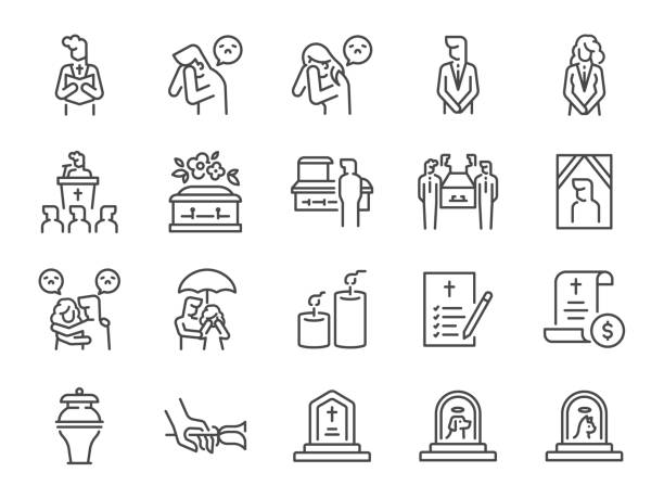Funeral icon set. Included the icons as death, sorrow, cry, coffin, emotional, and more. Funeral icon set. Included the icons as death, sorrow, cry, coffin, emotional, and more. funeral expense stock illustrations