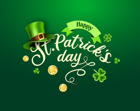 St. Patrick's Day with Leprechaun hat and clover leaves on the green colored background