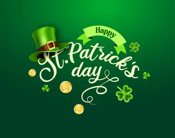 Vector illustration of St. Patrick's Day with Leprechaun hat and clover leaves on the green colored background