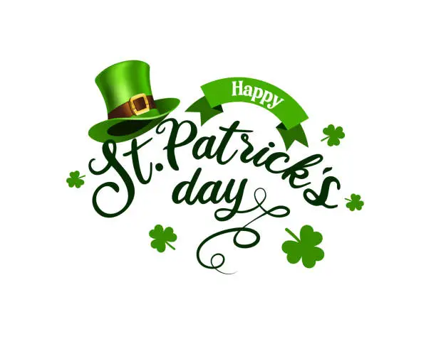 Vector illustration of St. Patrick's Day with Leprechaun hat and clover leaves on the white background