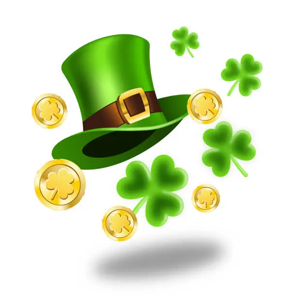 Vector illustration of St Patrick's Hat, shamrock and gold coins
