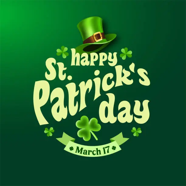 Vector illustration of St. Patrick's Day with Leprechaun hat and clover leaves on the green colored background