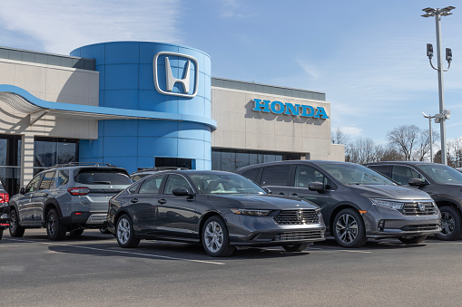 Indianapolis - Circa February 2023: Honda Motor car and SUV dealership. Honda manufactures among the most reliable cars in the world.