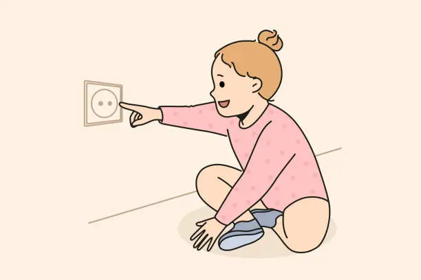 Vector illustration of Cute child put finger in electrical socket