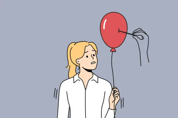 Vector illustration of Huge hand pierce balloon in woman hand