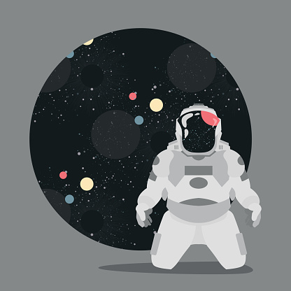 Astronaut kneel in abstract space design on circle dark background