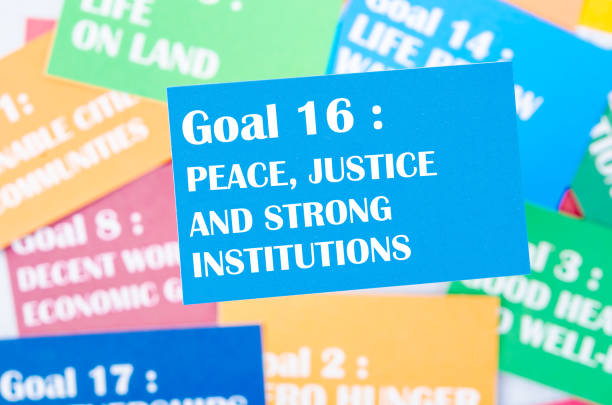 The Goal 16 : Peace, Justice and strong institutions. The SDGs 17 development goals environment. Environment Development concepts.