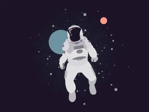 Vector illustration of Astronaut floating in abstract space with planet and stars behind