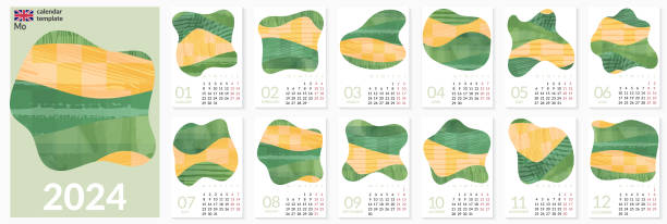Classic monthly 2024 eco green calendar mockup or 24 year agriculture kalender template on english. Week start on Monday. Vertical ecology planner layout. European English Gregorian annual calender Classic monthly 2024 eco green calendar mockup or 24 year agriculture kalender template  english. Week start on Monday. Vertical ecology planner layout. European English Gregorian annual calender may 24 calendar stock illustrations