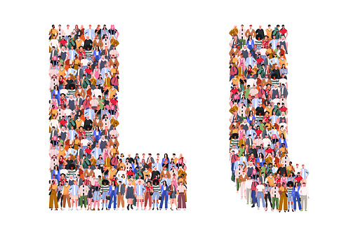 Large group of people in letter L form. People standing together. A crowd of male and female characters. Flat vector illustration isolated on white background.