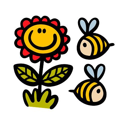 Set of cute nater elements happy flower and cartoon bugs bee. Vector illustration of plants and insects.