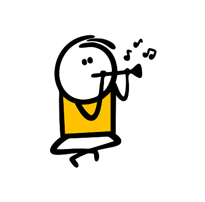 Stick figure street musician in India plays a pipe and conjures snakes. Vector illustration of artist and magician.