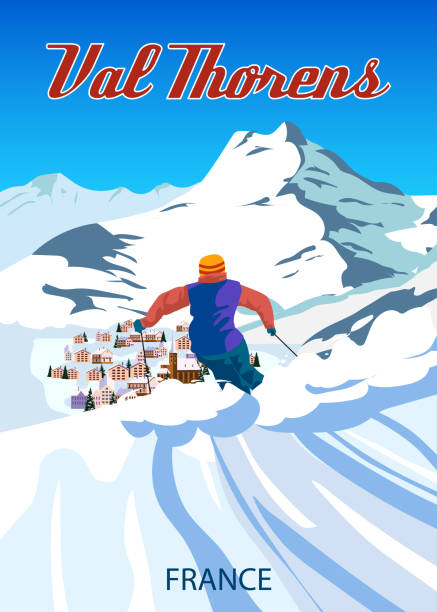 ilustrações de stock, clip art, desenhos animados e ícones de vintage travel poster ski val thorens resort. france winter landscape travel card - trois vallees illustrations