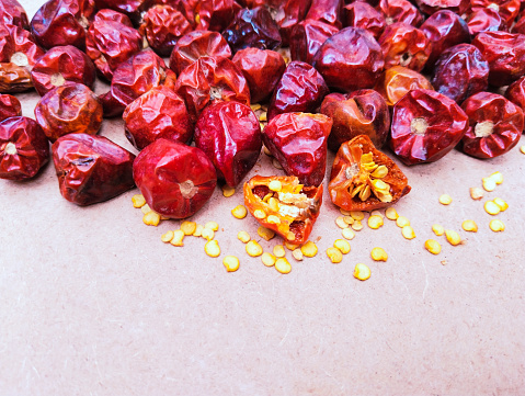 Dried round red chilli peppers whole hot chilly pepper an indian spice food ingredient lal boriya mirchi gol longi mirch dry piment rond, dried chile redondo, malagueta redonda, getrocknete runde Chili closeup image picture stockphoto