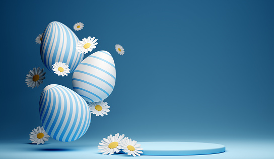 3d Happy Easter banner with painted eggs, flowers and podium. Concept of Easter egg hunt or egg decorating for product presentation. 3d render