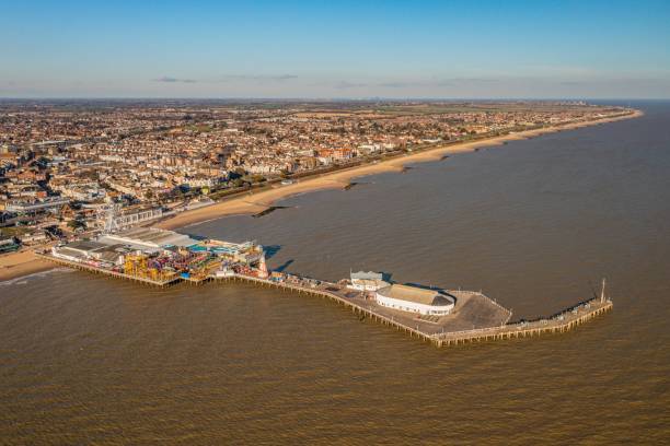 Clacton-on-Sea Pier. Aerial photo from a drone captured in February 2023 of Clacton-on-Sea's Pier based in Essex, UK. The pier dates back to 1871. clacton on sea stock pictures, royalty-free photos & images