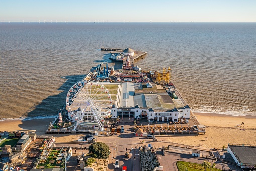 Aerial photo from a drone captured in February 2023 of Clacton-on-Sea's Pier based in Essex, UK. The pier dates back to 1871.