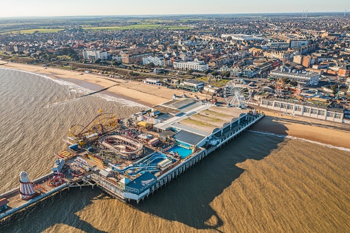 Aerial photo from a drone captured in February 2023 of Clacton-on-Sea's Pier based in Essex, UK. The pier dates back to 1871.