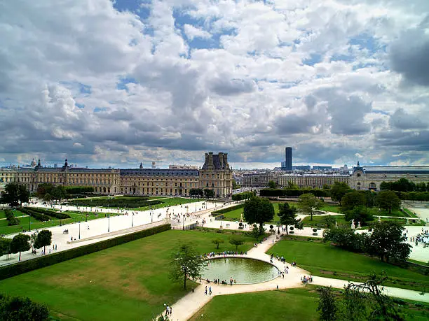 Air sight of Tuileries's Gardens with the museum of the Louvre to the bottom, Paris, France.