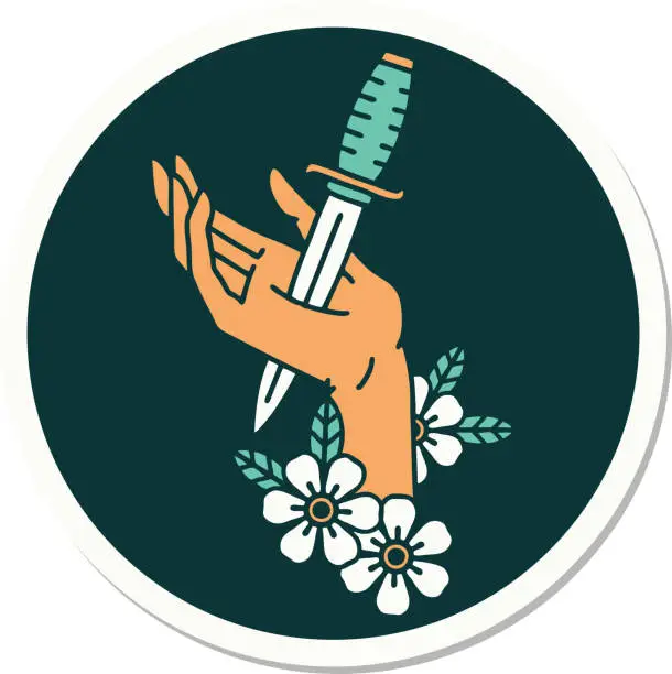 Vector illustration of sticker of tattoo in traditional style of a dagger in the hand