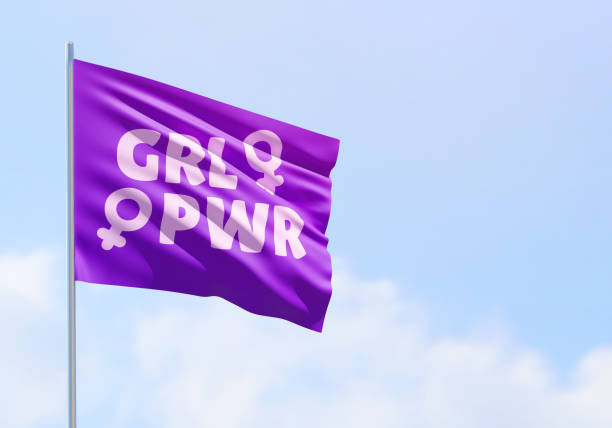 Purple GRL PWR flag on a blue sky and copy space for international women's day and feminist activism in 3D illustration. March 8 for independence, empowerment, and activism for women rights bandera púrpura grl pwr en un cielo azul y espacio de copia para el día internacional de la mujer y el activismo feminista en ilustración 3d. 8 de marzo por la independencia, el empoderamiento y el activismo por los derechos de las mujeres