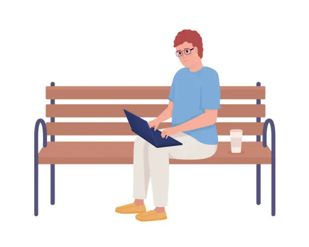 Vector illustration of Male freelancer with laptop sitting on bench semi flat color vector character