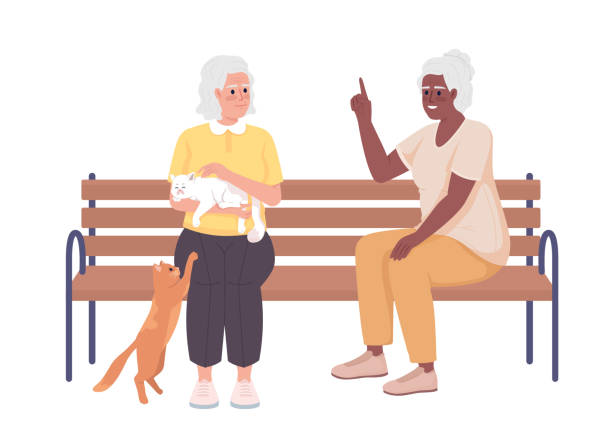 Older women talking and playing with cats semi flat color vector characters Older women talking and playing with cats semi flat color vector characters. Editable figures. Full body people on white. Simple cartoon style illustration for web graphic design and animation old ladies gossiping stock illustrations