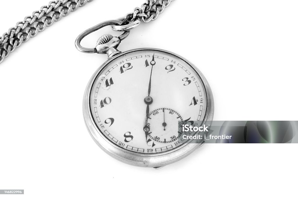 Old Pocket Watch Old pocket weathered scratched watch face with muddled front glass and chain on white background (still working) Antique Stock Photo