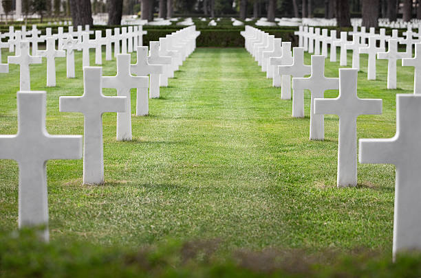 Rows of white crosses at the World War 2 American Cemetery, Colleville-sur-Mer, Omaha Beach, Normandy, France, Europe