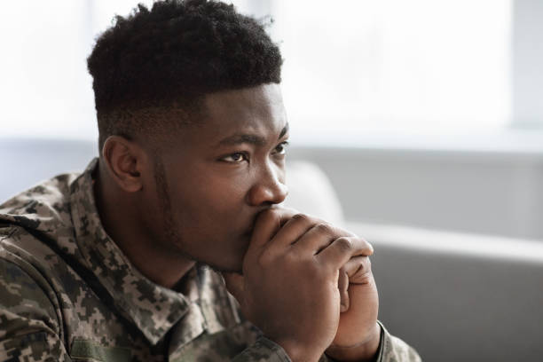 istock Thoughtful military black man staring at copy space, side view 1468231942