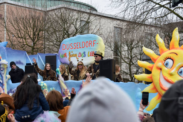 Duesseldorf, Germany, February 20, 2023 - Traditional Rose Monday Carnival float (Rose Monday Parade) in Duesseldorf old town.