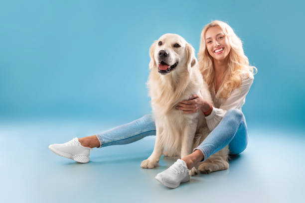 istock Young woman posing with her dog at blue studio 1468233421